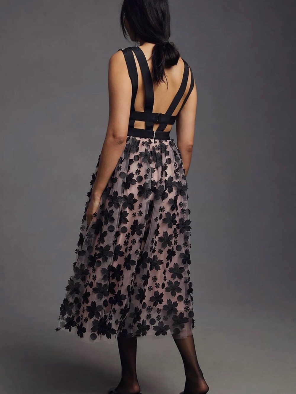 Anthropologie Blush Pink Midi Dress with Black Floral Appliqué - Picture 4 of 15